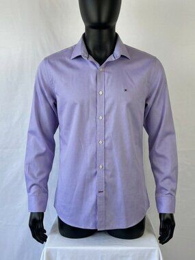 Mens Tommy Hilfiger Shirt Long Sleeve, Purple, Size L, Slim Fit Wrinkle Free